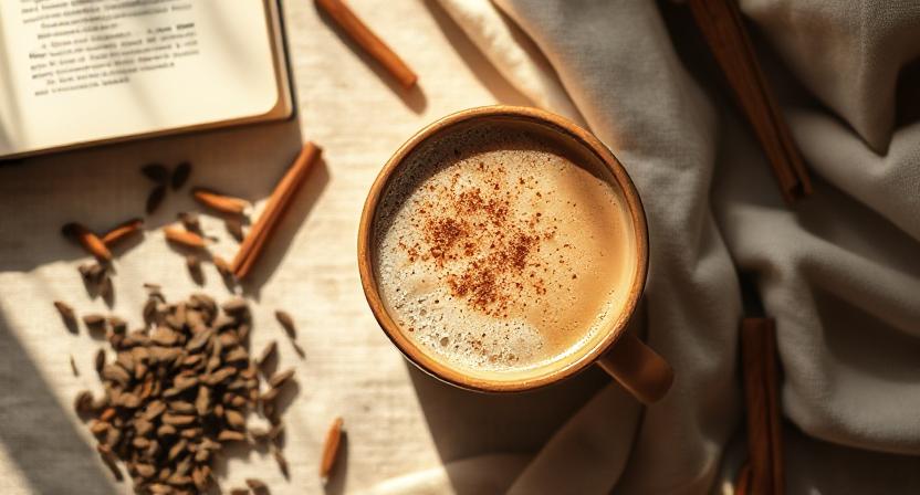 A warm flat lay of a cozy chai latte moment — a ceramic mug filled with frothy chai topped with a sprinkle of cinnamon, surrounded by gentle light, loose tea leaves, cardamom pods, cinnamon sticks, and a soft linen cloth.