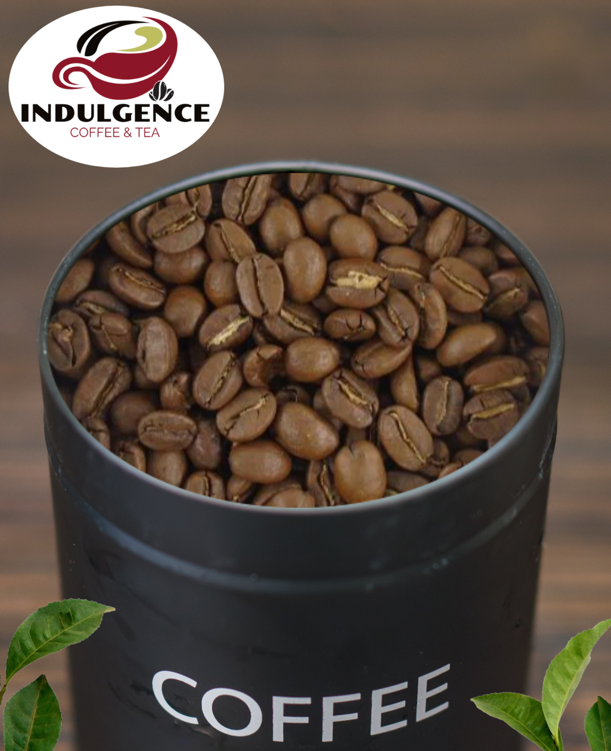 Indulgence Coffee Jamaica Blue Mountain coffee beans in black coffee tin container