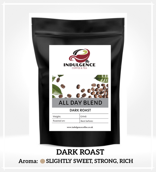 Indulgence Coffee All Day Blend Espresso Coffee Beans in black pouch